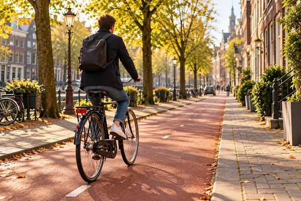 Tweedehands herenfiets met klassiek frame langs een Amsterdamse gracht.